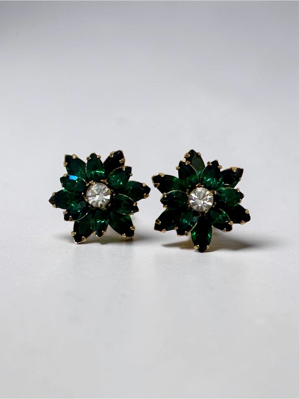Vintage Emerald Floral Crystal Stud Earrings